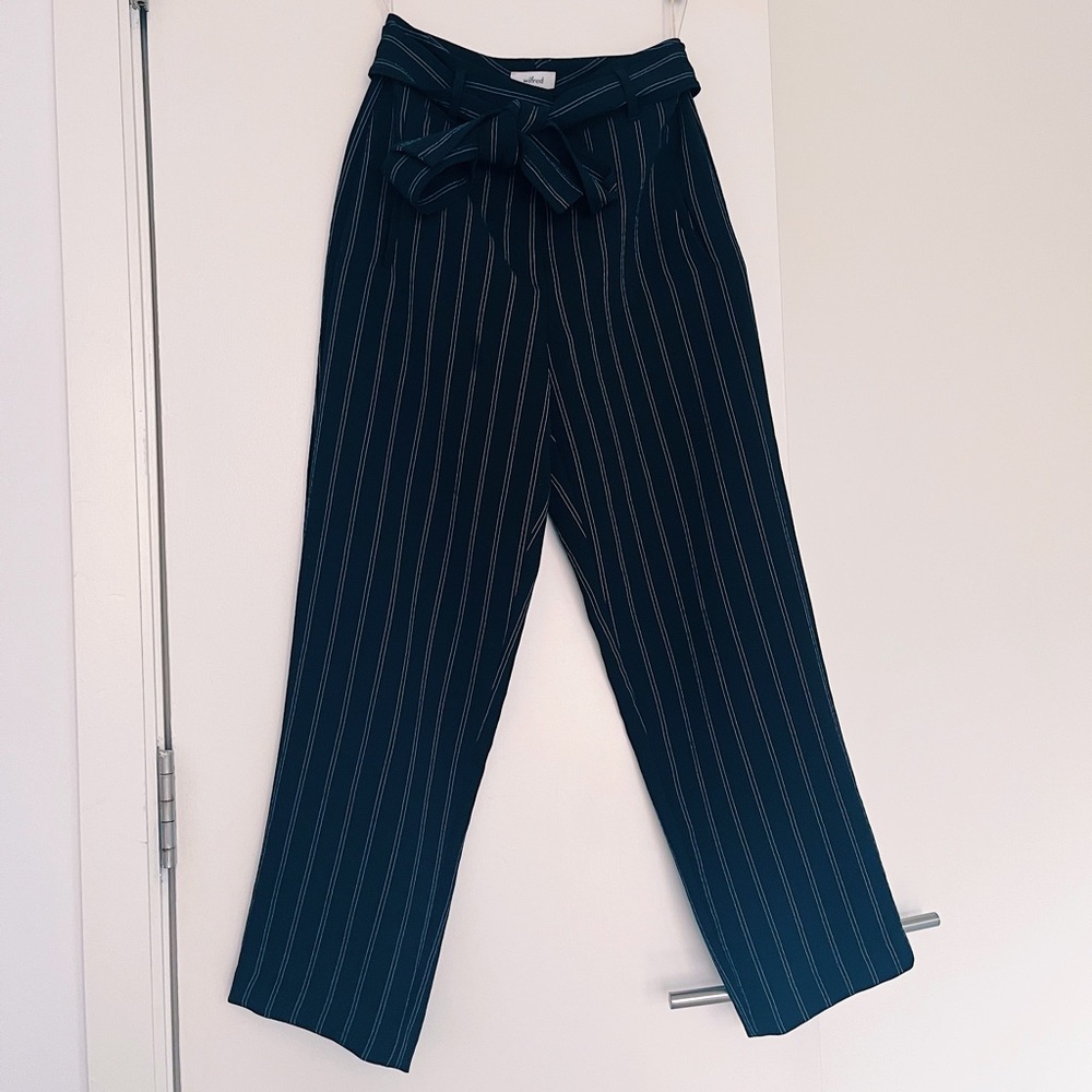 Wilfred Black Pinstripe Wide Leg Trousers w/ Waist Tie, Size 2